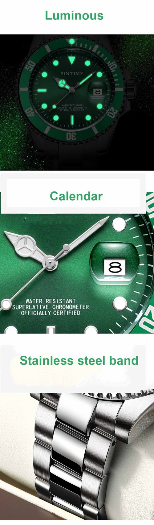 New Hot Sale Business Water Ghost Luminous Calendar Waterproof Stainless Steel Quartz Watch For Men
