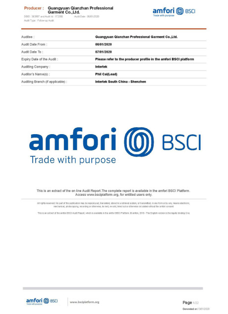 amfori BSCI social compliance audit report for Guangyuan Qianzhan Professional Garment, audited by Intertek
