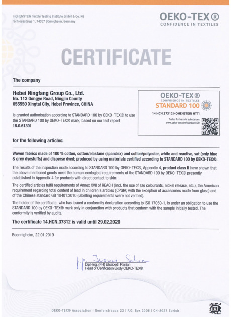 OEKO-TEX Standard 100 certificate for woven cotton and poly-cotton fabric used in safety workwear