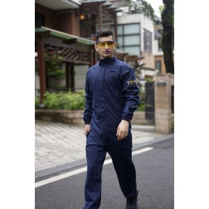 Mono de trabajo ignífugo de algodón personalizado, ropa de trabajo azul ignífuga.