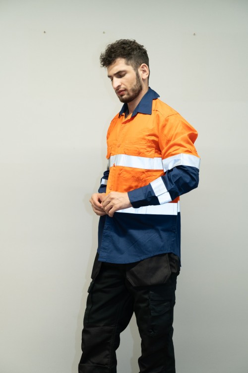 OEM Men Safety work shirts with reflective tape Orange color Workwear Industrial work shirts