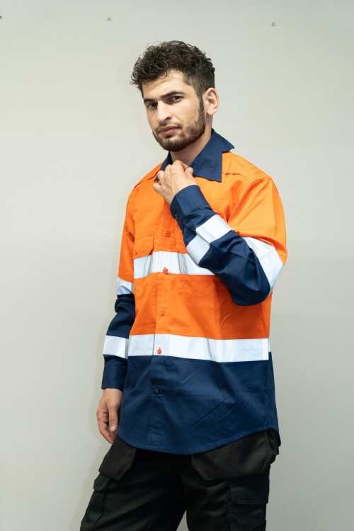 OEM Men Safety work shirts with reflective tape Orange color Workwear Industrial work shirts