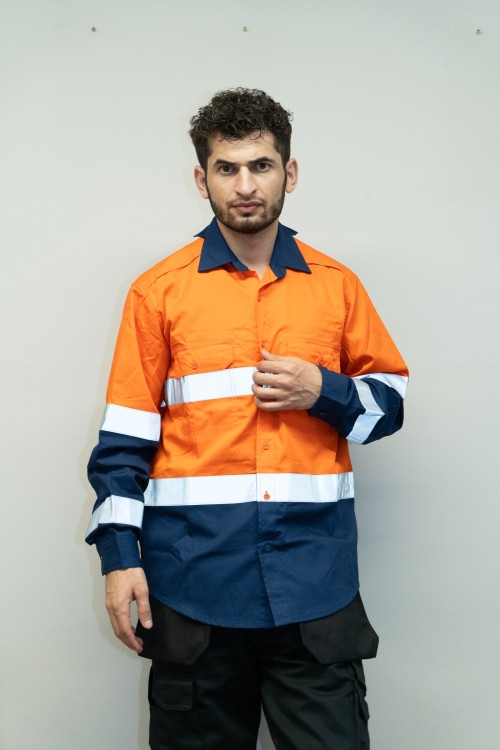 OEM Men Safety work shirts with reflective tape Orange color Workwear Industrial work shirts