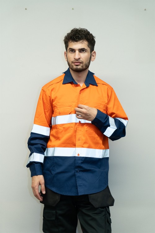OEM Men Safety work shirts with reflective tape Orange color Workwear Industrial work shirts