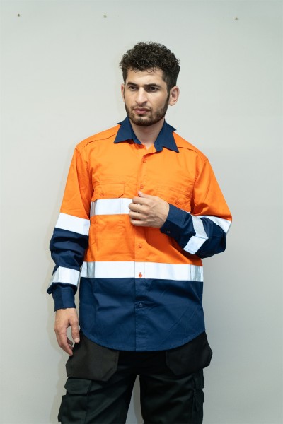 OEM Men Safety work shirts with reflective tape Orange color Workwear Industrial work shirts