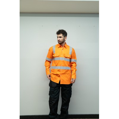 OEM Men Safety work shirts with reflective tape Orange color Workwear Durable construction work shirts