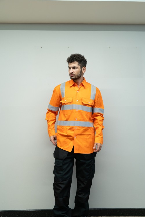 OEM Men Safety work shirts with reflective tape Orange color Workwear Durable construction work shirts