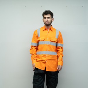 OEM Men Safety work shirts with reflective tape Orange color Durable construction work shirts