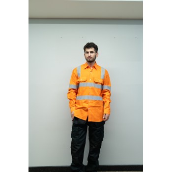 OEM Men Safety work shirts with reflective tape Orange color Durable construction work shirts