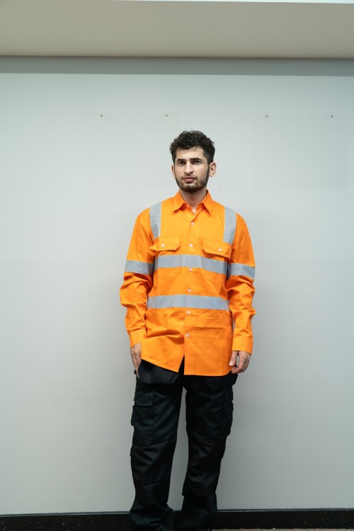 OEM Men Safety work shirts with reflective tape Orange color Workwear Durable construction work shirts