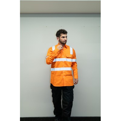 OEM Men Safety work shirts with reflective tape Orange color Workwear Durable construction work shirts