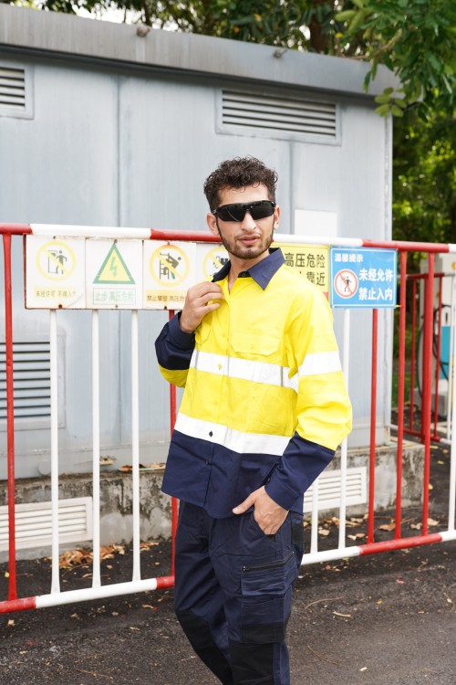 OEM Men Safety work shirts with reflective tape yellow color High visibility work shirts