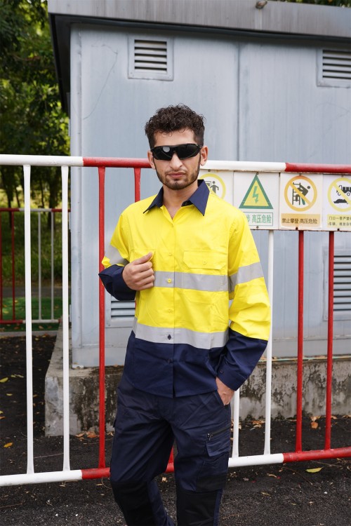 OEM Men Safety work shirts with reflective tape yellow color High visibility work shirts