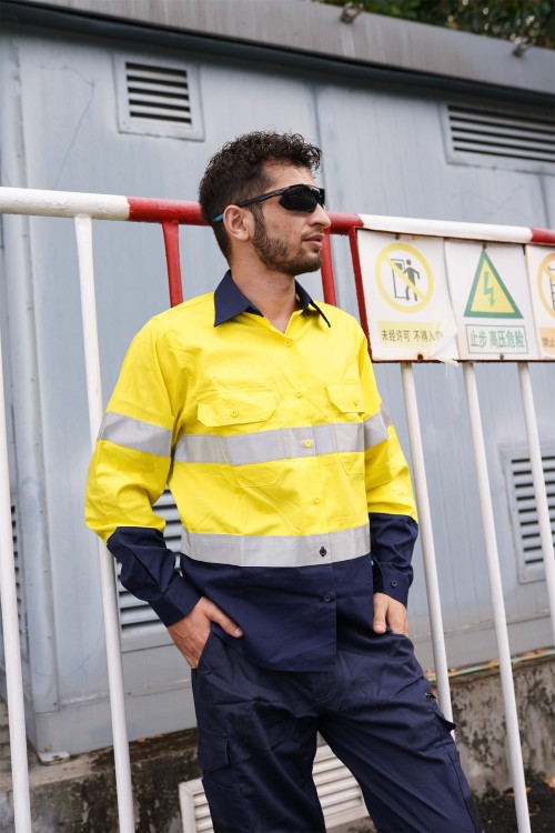 OEM Men Safety work shirts with reflective tape yellow color High visibility work shirts