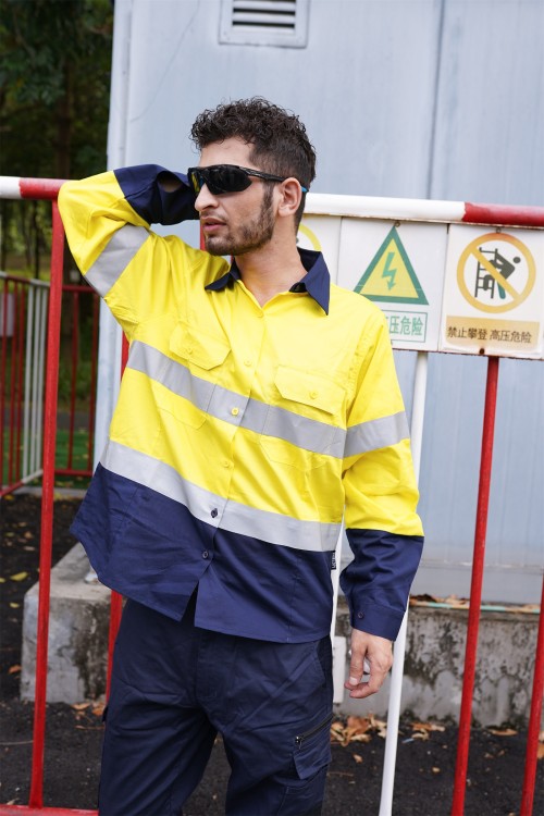 OEM Men Safety work shirts with reflective tape yellow color High visibility work shirts
