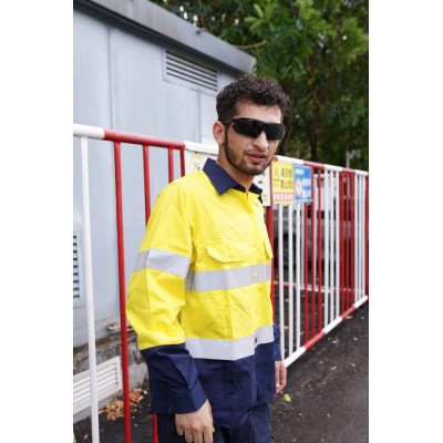 OEM Men Safety work shirts with reflective tape yellow color High visibility work shirts