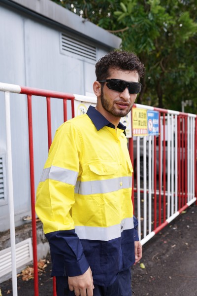 OEM Men Safety work shirts with reflective tape yellow color High visibility work shirts