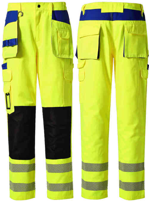 High visibility fluorescent yellow two-tone work trousers