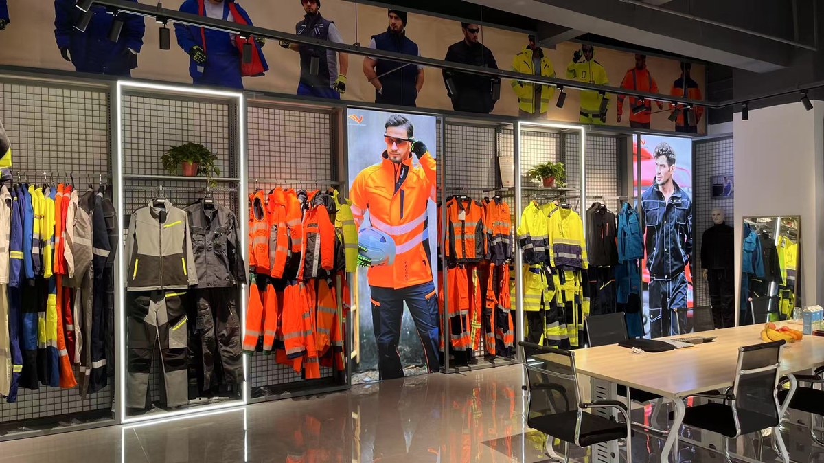 Hi-vis jackets, parkas and work jackets on display in the Qianzhan sample showroom