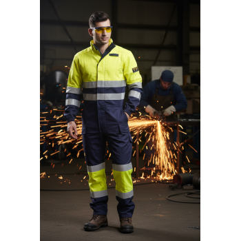 FR Coverall Hi-Vis Yellow Safety Workwear Reflective Tape Fireproof Overall