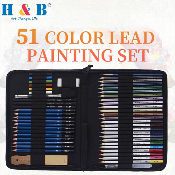 Juego de lápices de dibujo de color de madera de boceto de artista de 51 piezas de fabricante de H&B