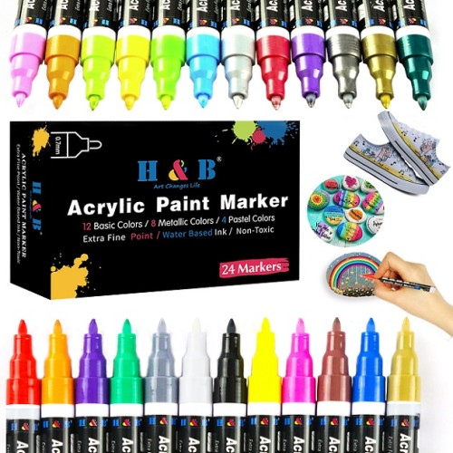 H&B Permanent Metallic Marker Paint Pens for Rock Painting Set of 24 Acrylic Paint Markers