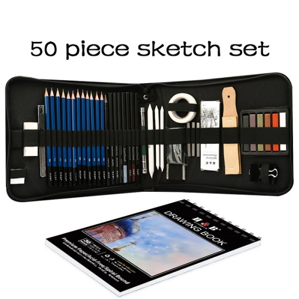 H&B drawing Pencils Set 50 pcs Professional Sketch Pencil Set in Zipper Carry Case