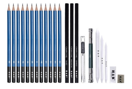 H&B 23 支木质素描铅笔艺术木炭素描铅笔套装用于绘画
