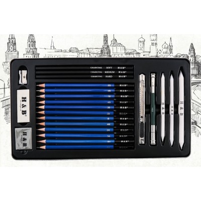 H&B 23pcs iron box sketching kit for wholesale graphite pencil set for kid