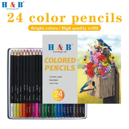 H& B 24 Color Oil Pencil Set Oily Wood Tin Box Art New Round Lápiz