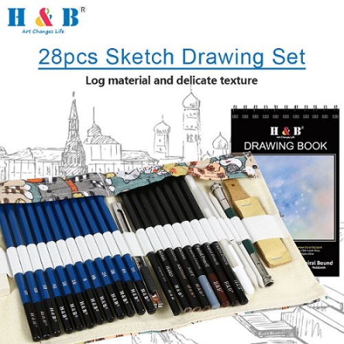 H&B 28pcs Professional sketch pencil art set for drawing colored pencil drawings