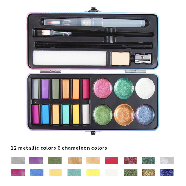 24pcs solid watercolor paints portable metallic and chameleon colors watercolor kit
