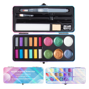 24pcs solid watercolor paints portable metallic and chameleon colors watercolor kit