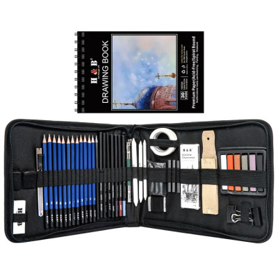 H&B drawing Pencils Set 50pcs Professional Sketch Pencil Set in Zipper Carry Case