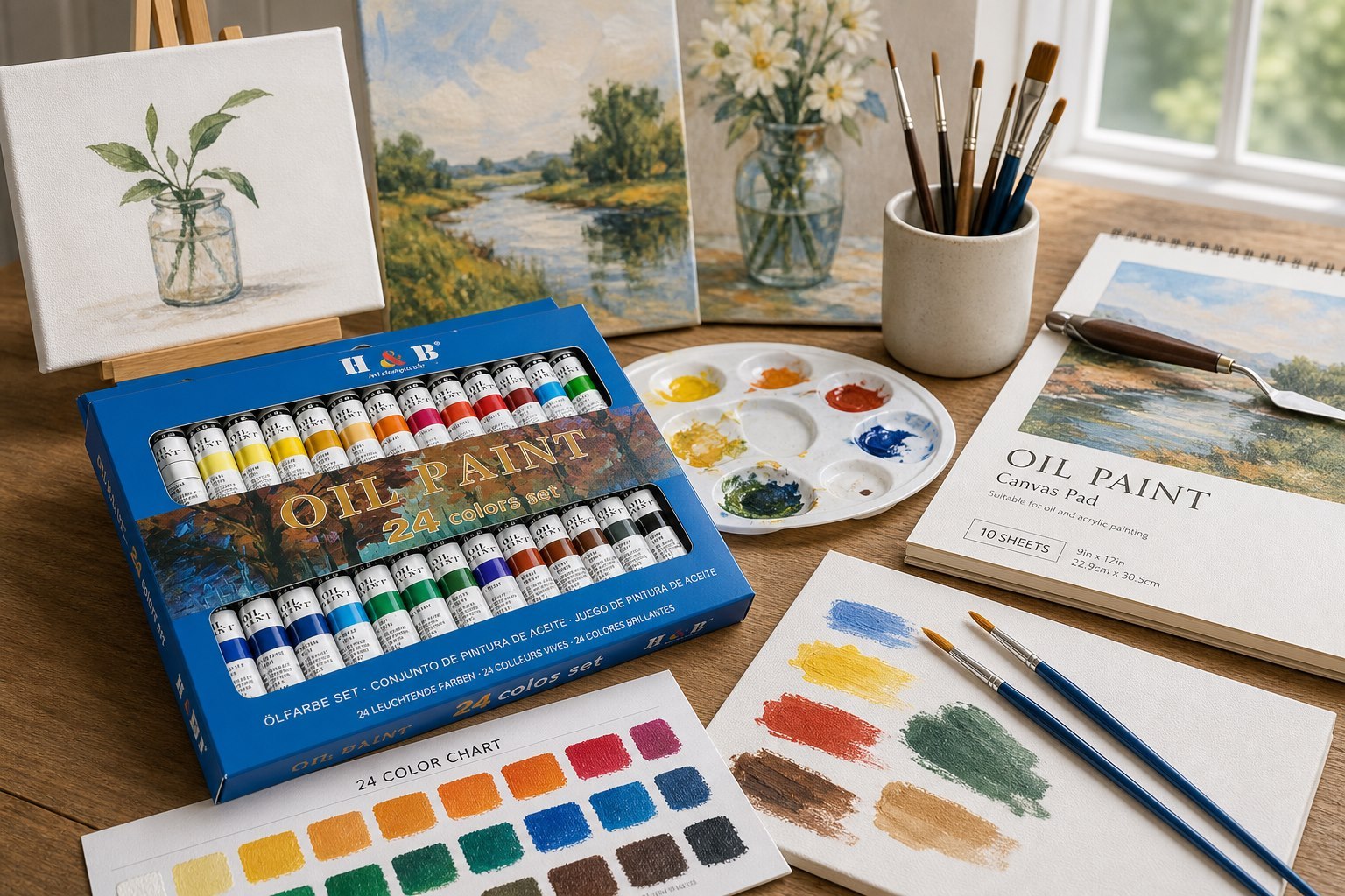 H&B 24 color paint set on beginner artist workbench