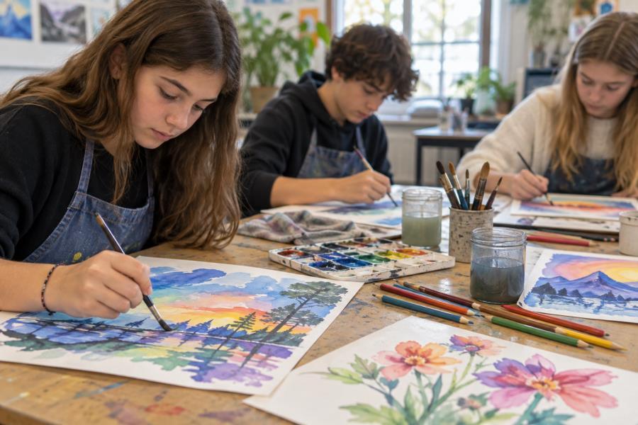 Students creating colorful artwork with water-soluble pencils