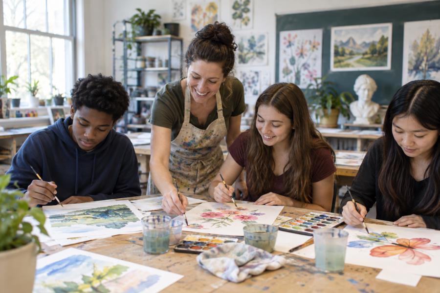 Students creating colorful artwork with water-soluble pencils