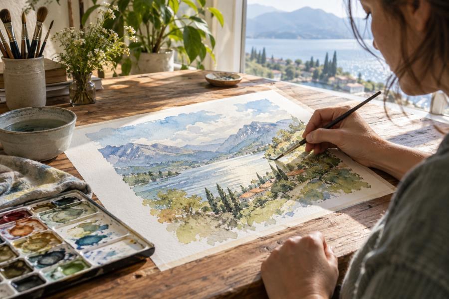 Artist blending water-soluble colored pencil layers