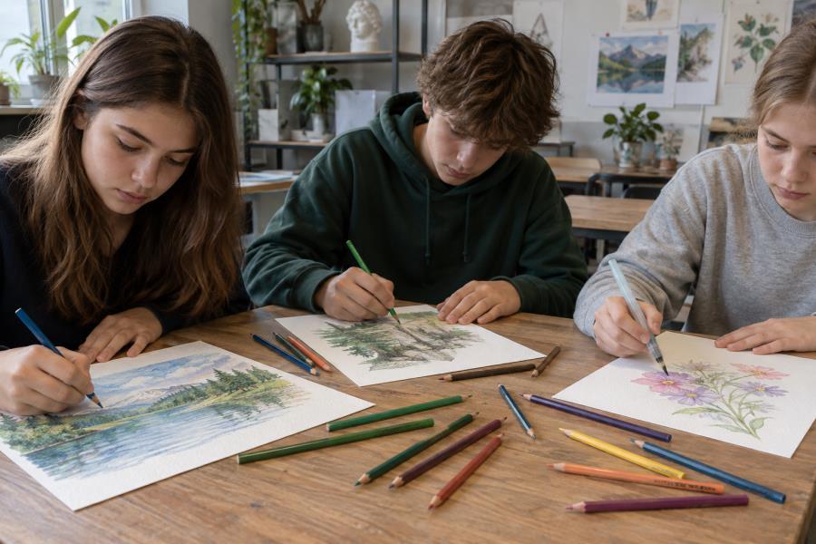 Students creating colorful artwork with water-soluble pencils
