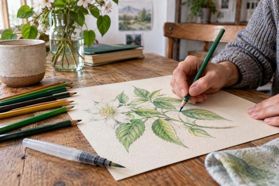 Artist blending water-soluble colored pencil layers