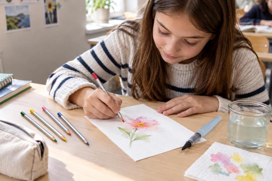 Artist blending water-soluble colored pencil layers