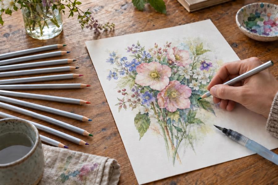 Illustration created with a broad water-soluble pencil color range