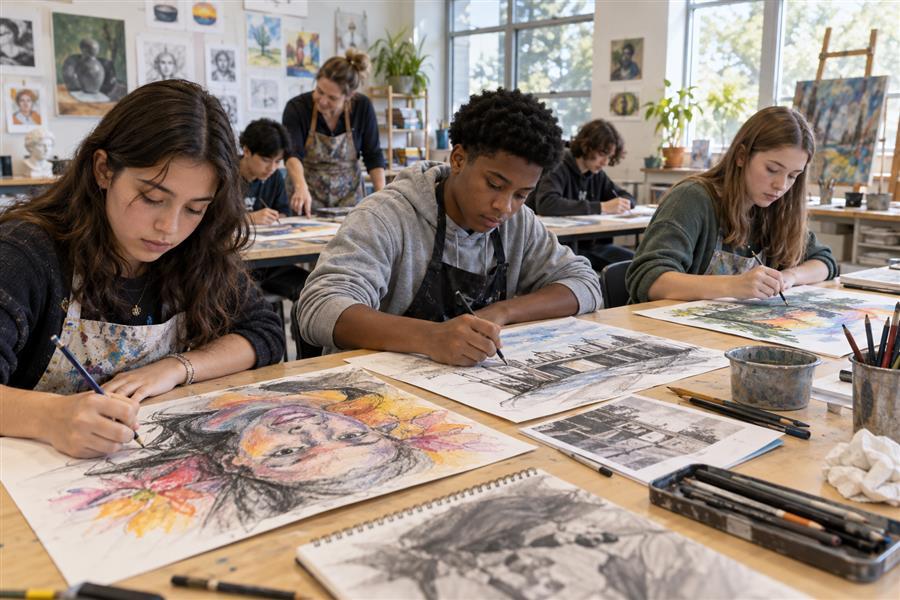 Students completing mixed-media drawings in a school art class