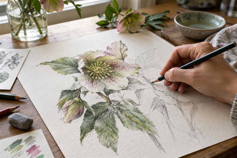 Artist developing a botanical illustration with watercolor pencil and graphite
