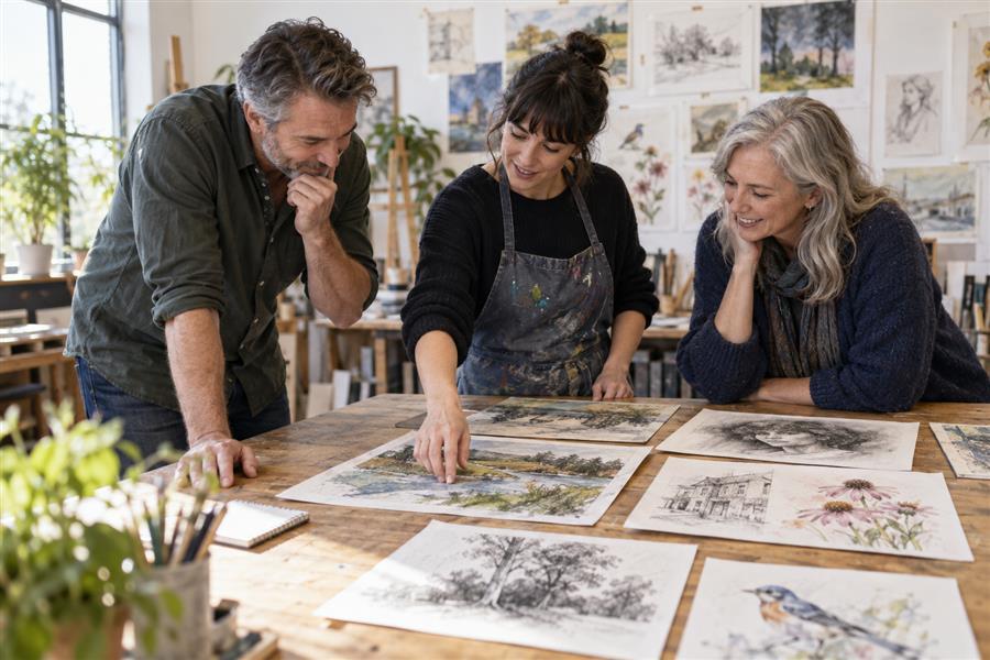 Adult learners reviewing mixed-media artwork in an art workshop