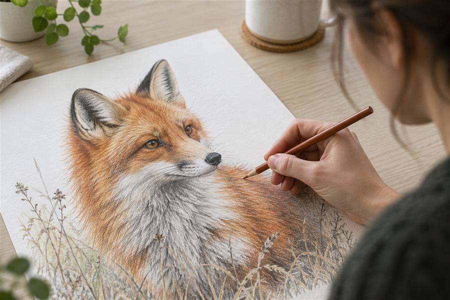 Artist creating a detailed wildlife illustration with ordinary colored pencils