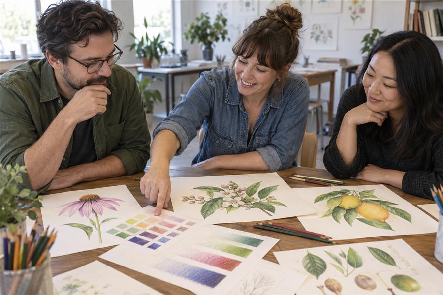 Adult learners reviewing colored-pencil gradients and botanical studies