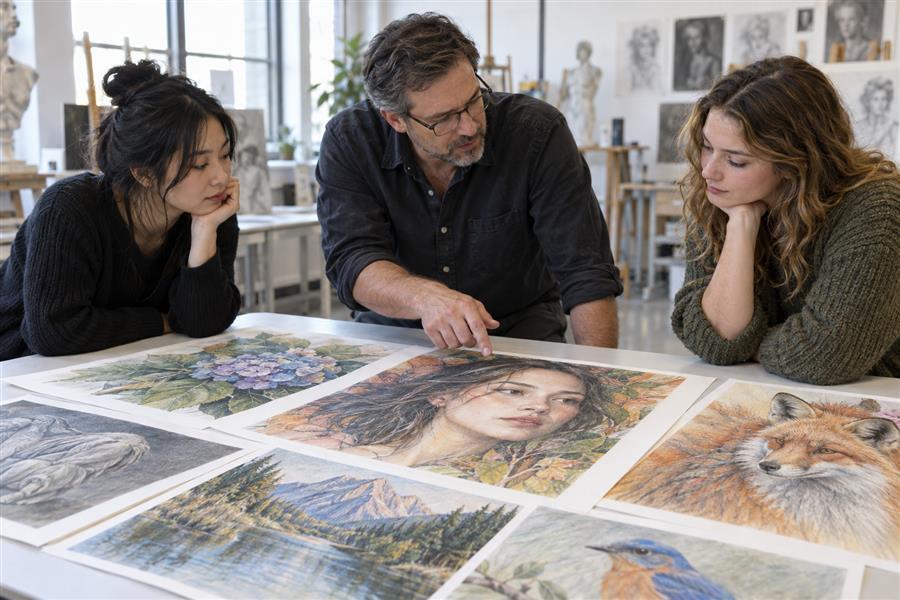 Instructor and students reviewing colored-pencil portfolio artwork