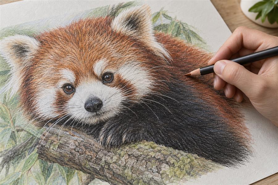 Artist creating a detailed dry colored-pencil wildlife illustration