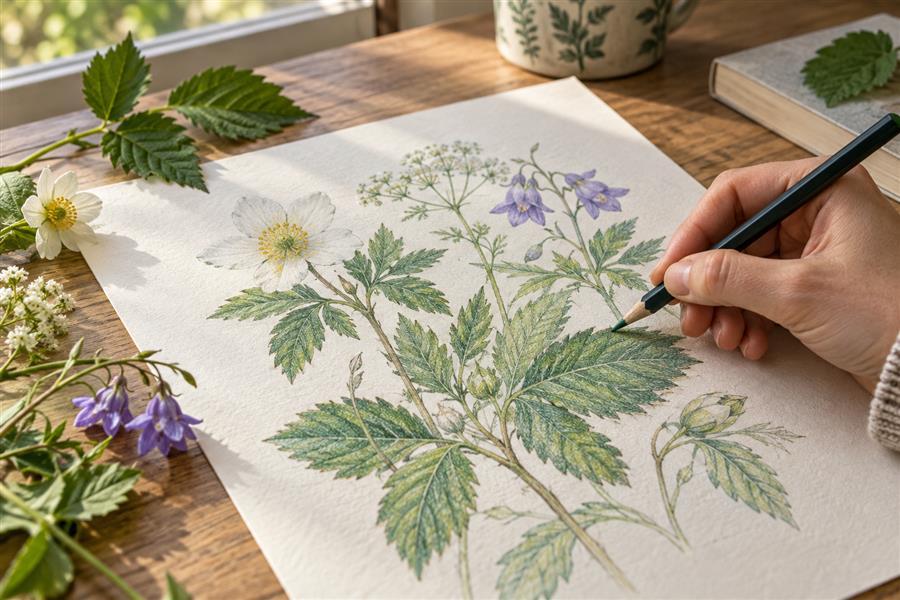 Artist creating a dry colored-pencil botanical study